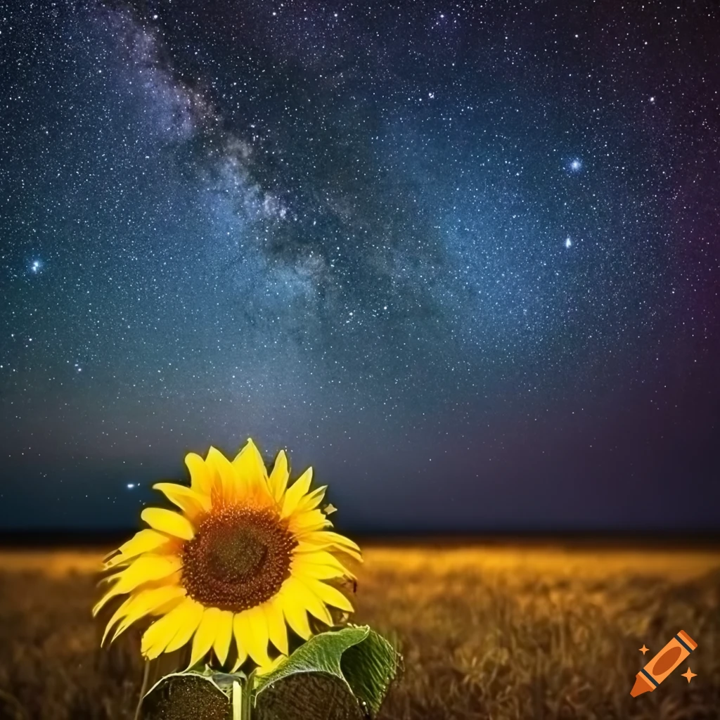 starry night sky with a sunflower in the moor