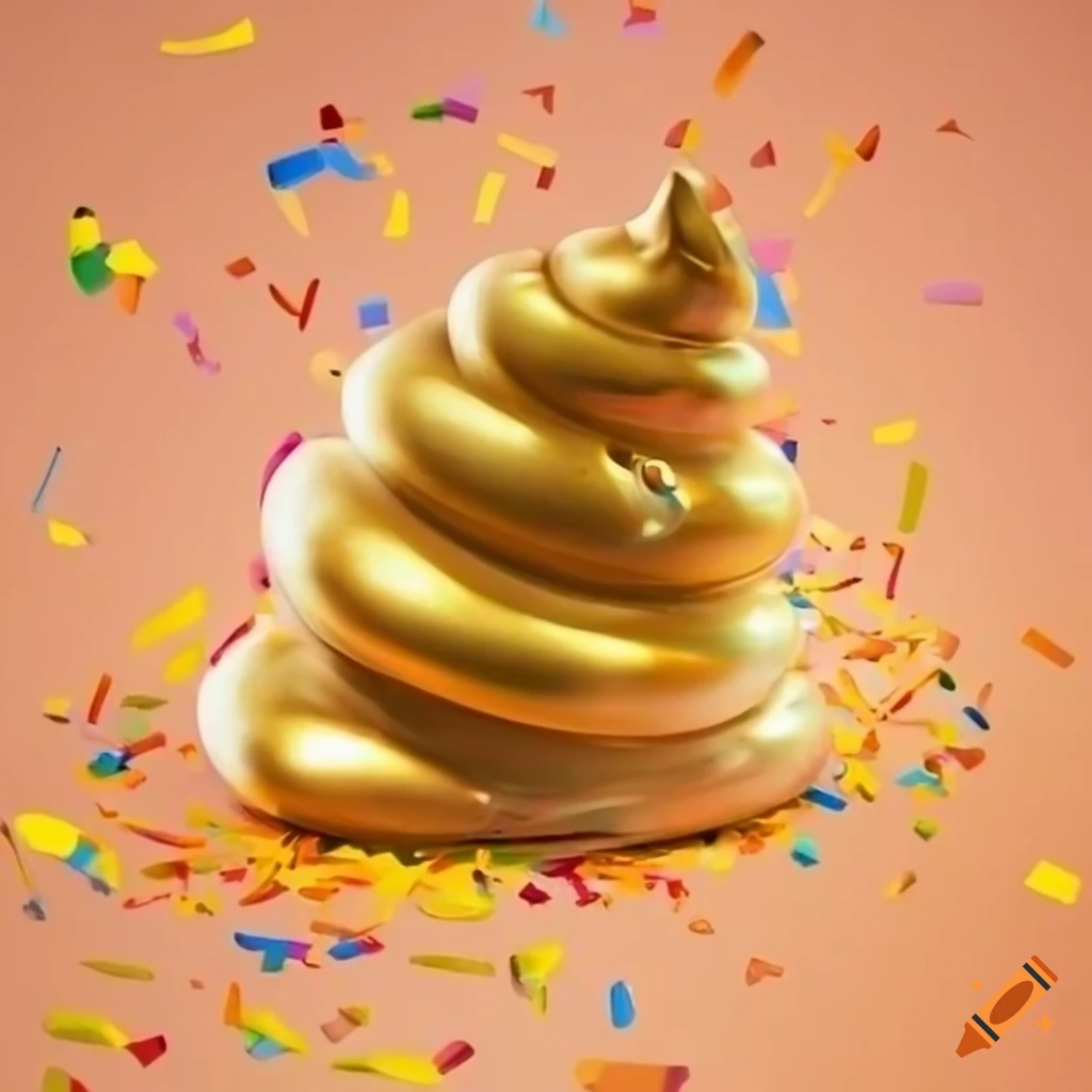 Hyperrealistic artwork of a golden pile of poo with confetti