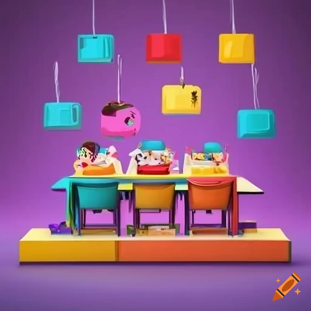 vibrant cafeteria scene with students enjoying their meal