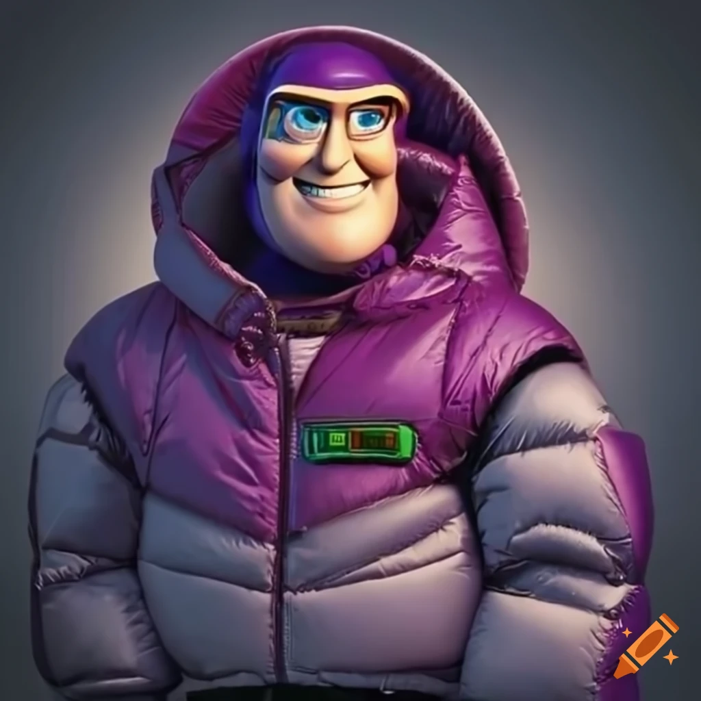 Buzz lightyear wearing a puffer jacket and gold chain on Craiyon