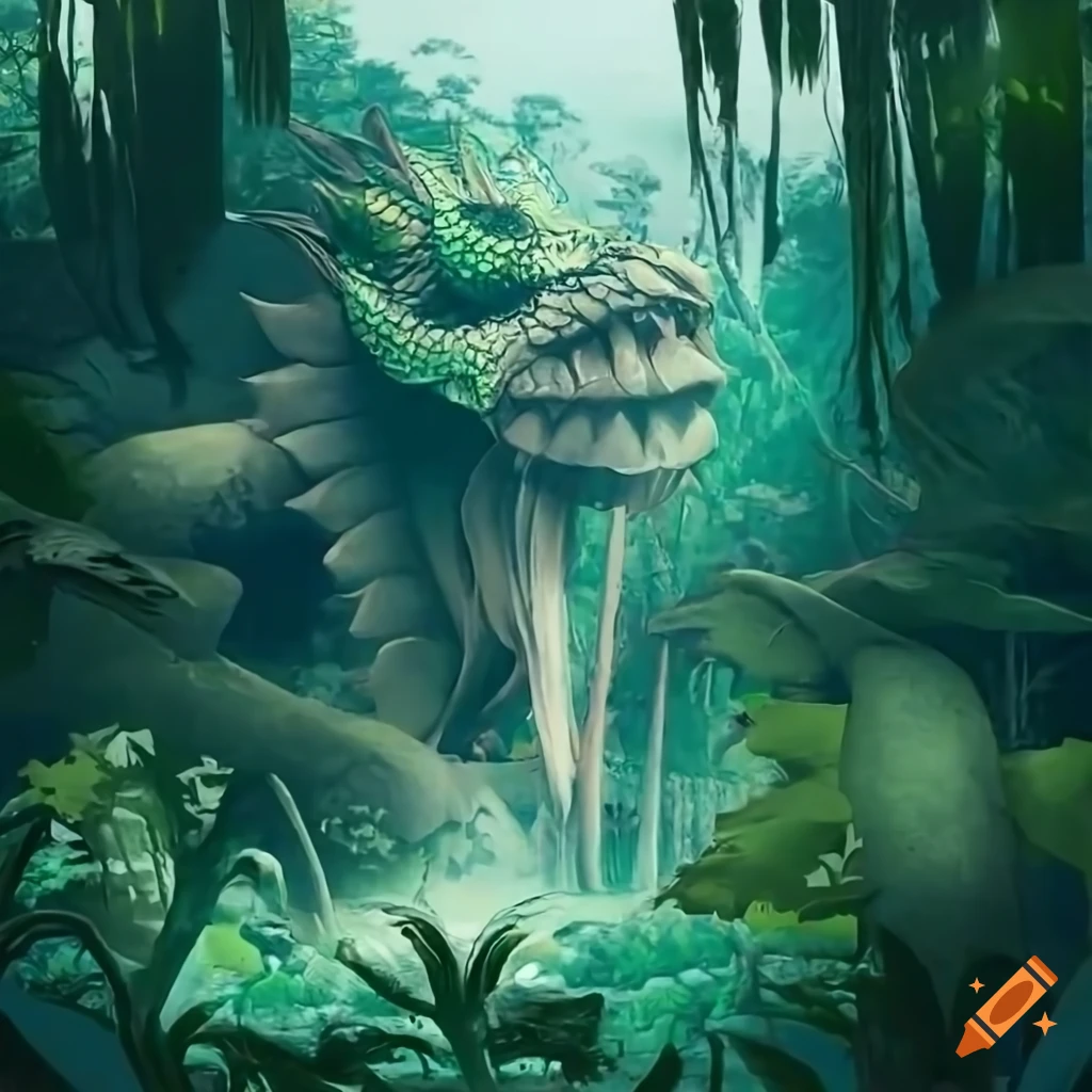 statue of a dragon in a lush jungle