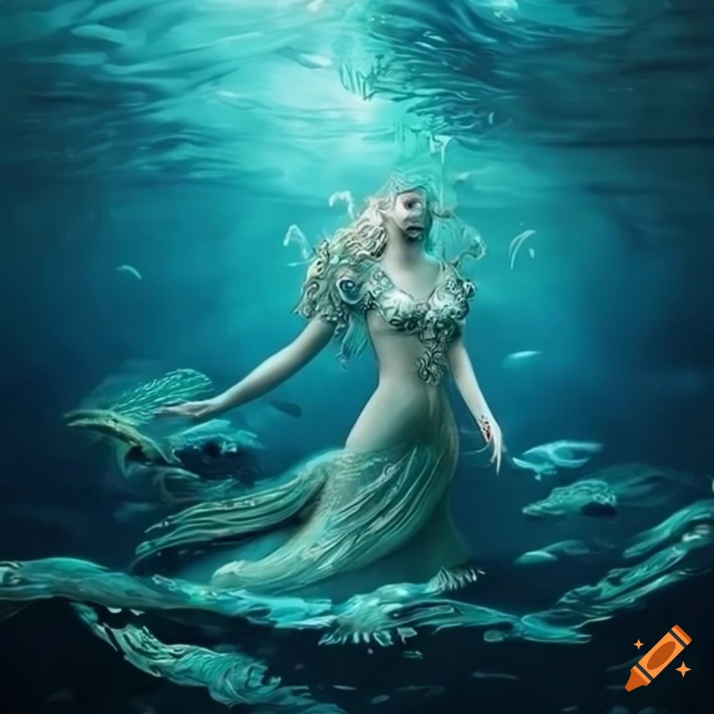 artwork of a mythical goddess in an underwater kingdom