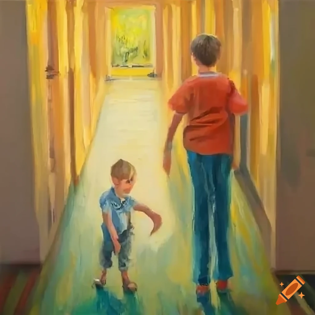 two boys laughing in a school hallway