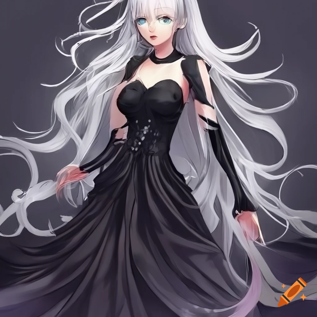 anime girl in black frilly dress with white hair