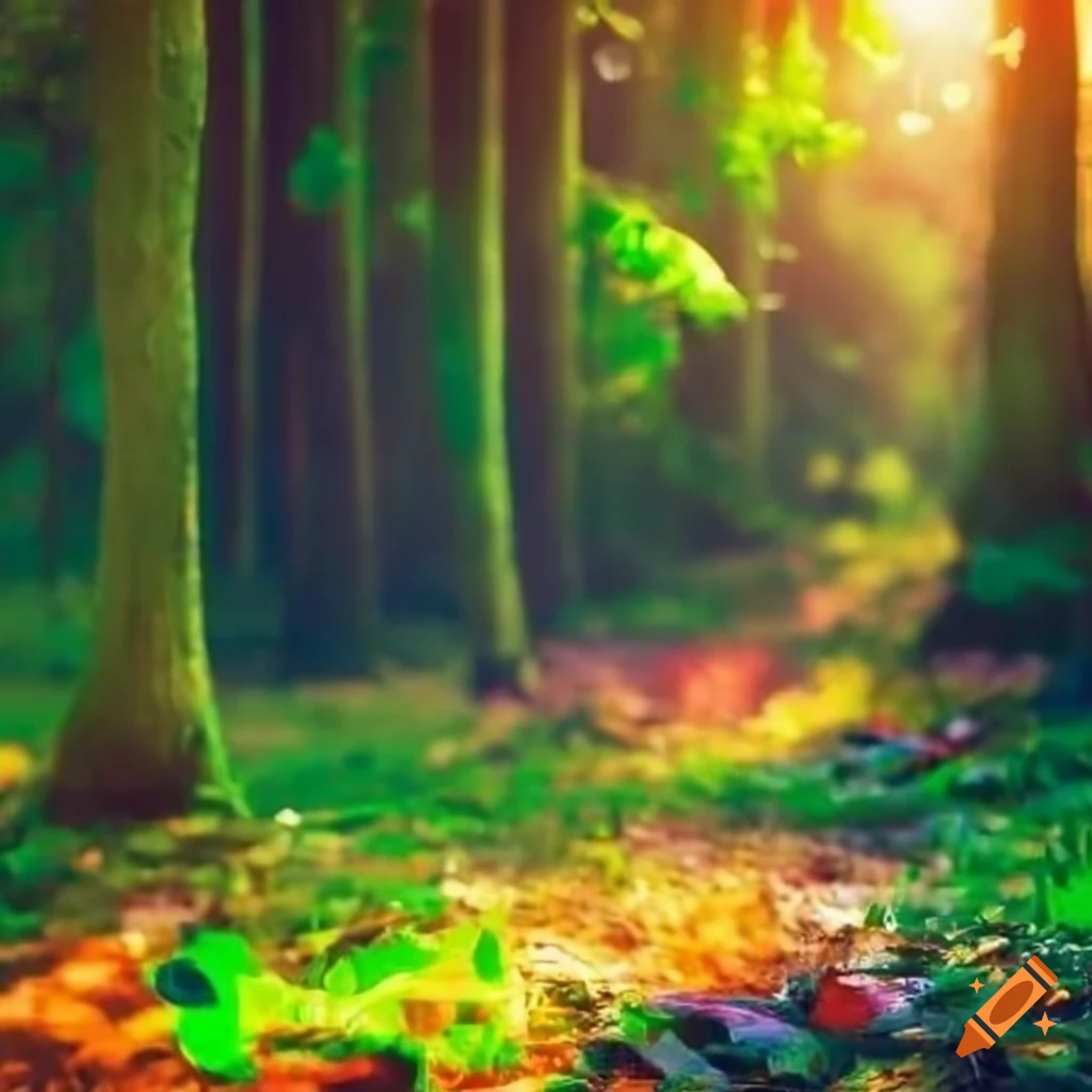 Festa na floresta encantada com raios de sol filtrando-se pelas folhas