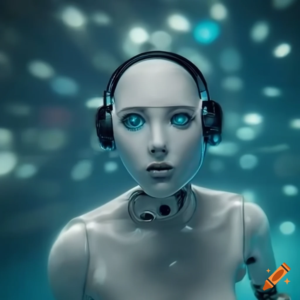 female robot wearing underwater headphones