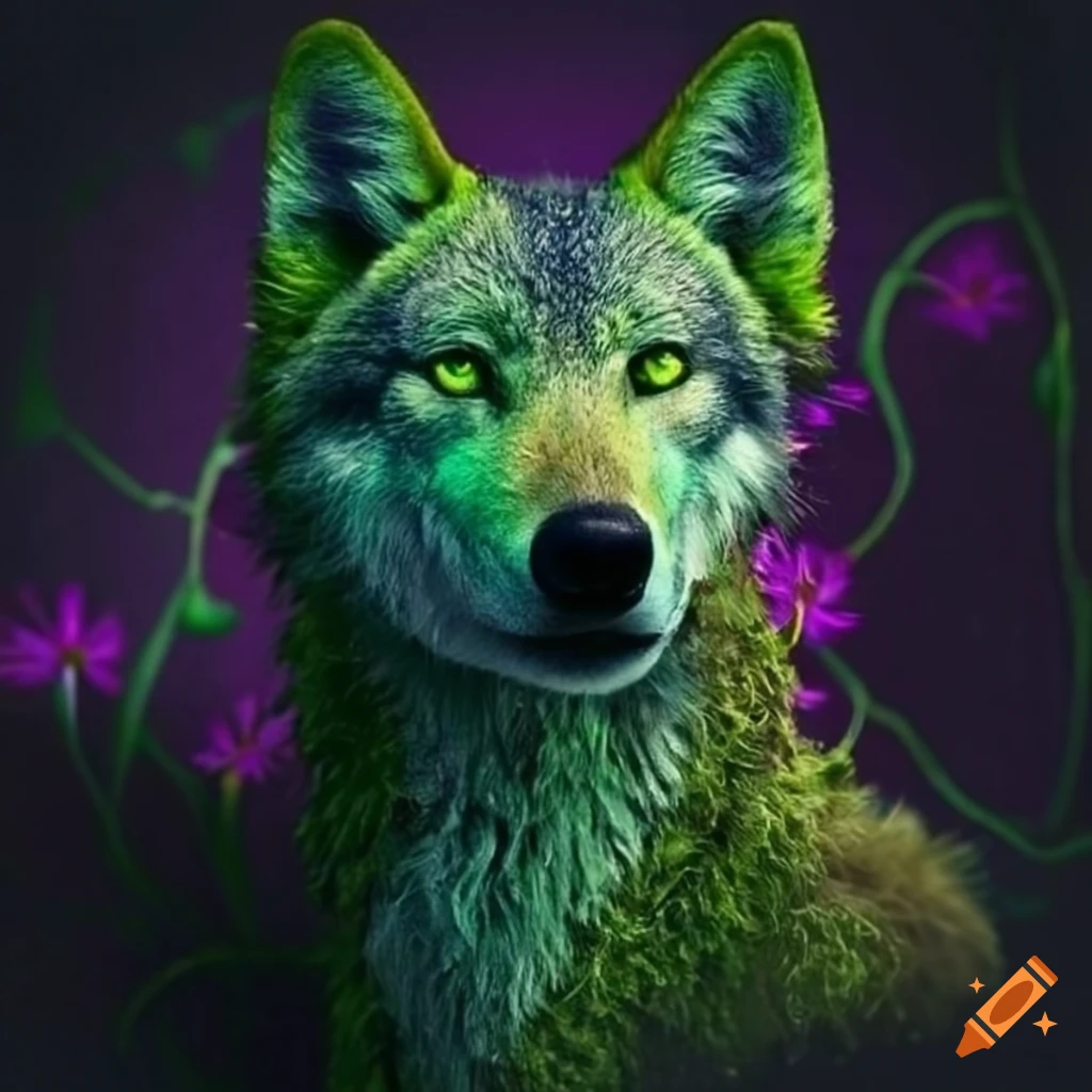 Moss-covered wolf with purple flowers on Craiyon