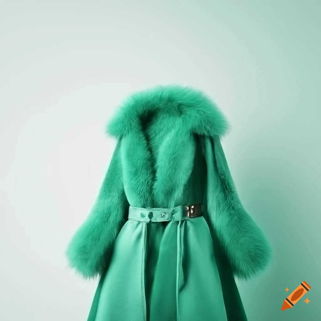 green fashion coat with curly lamb fur on white background