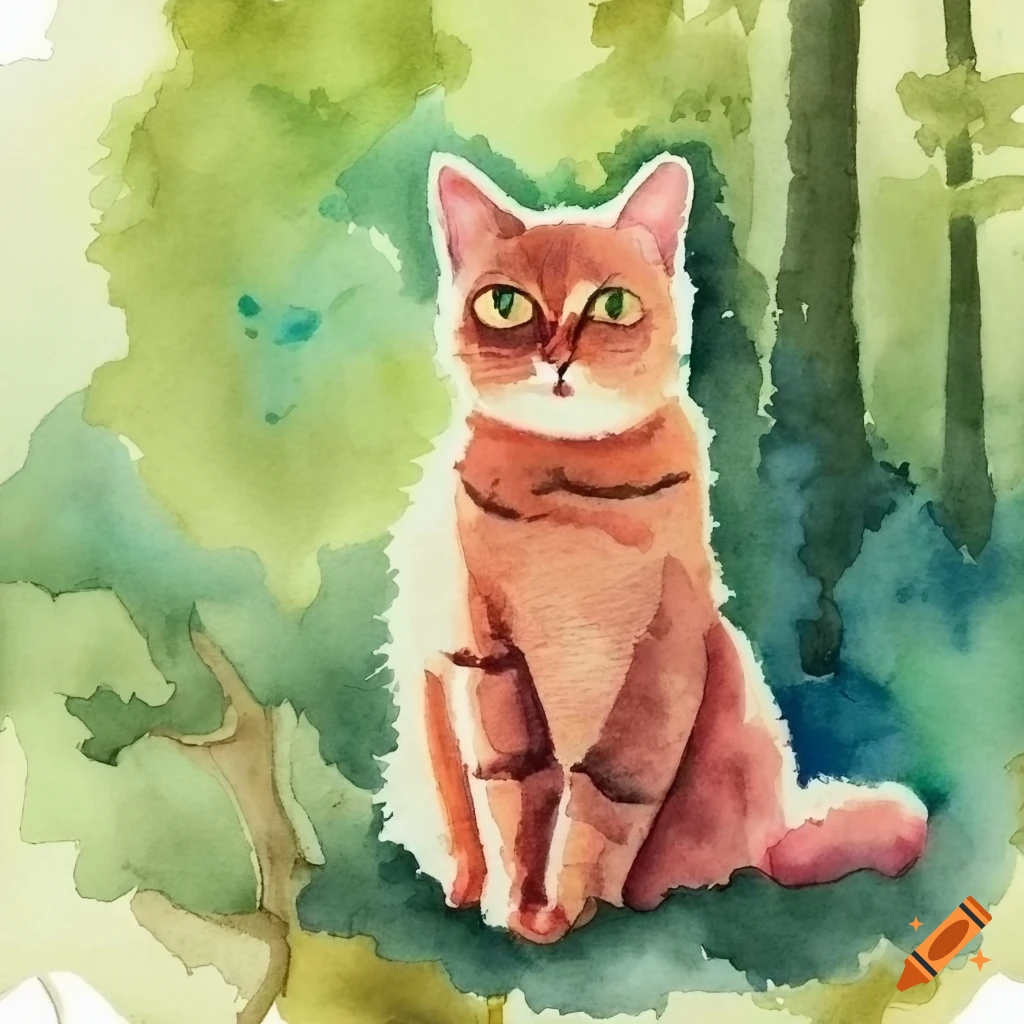 Watercolor of a cat in the forest