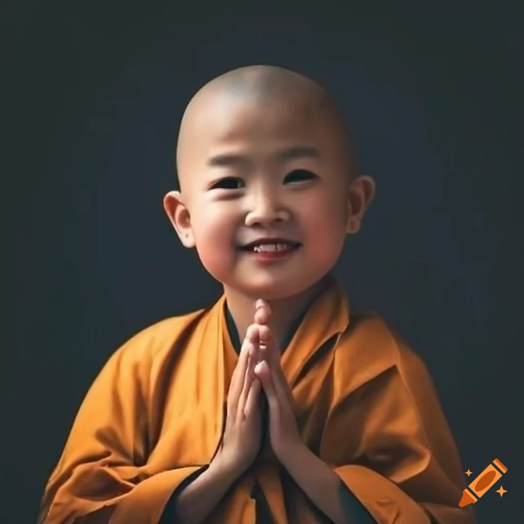smiling little Chinese monk in front of a temple