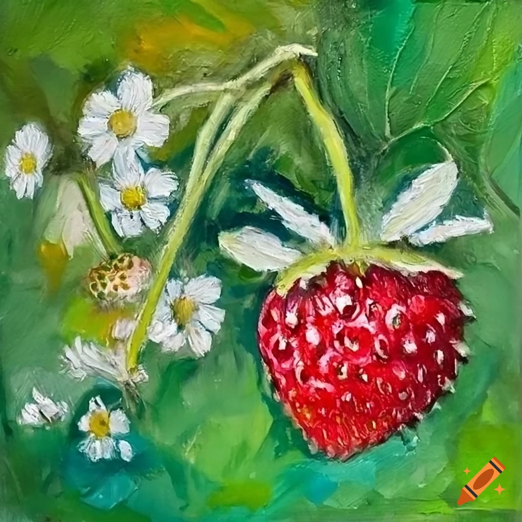 Oil painting of wild strawberries and white flowers on Craiyon