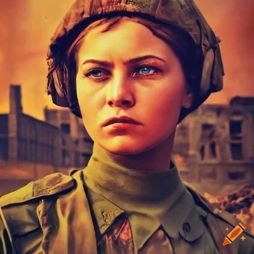 Poster of a soviet female soldier in a war torn city on craiyon