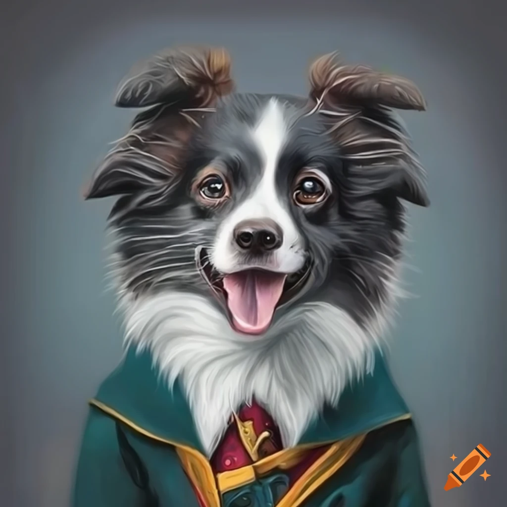 portrait of a baby border collie in Hogwarts uniform