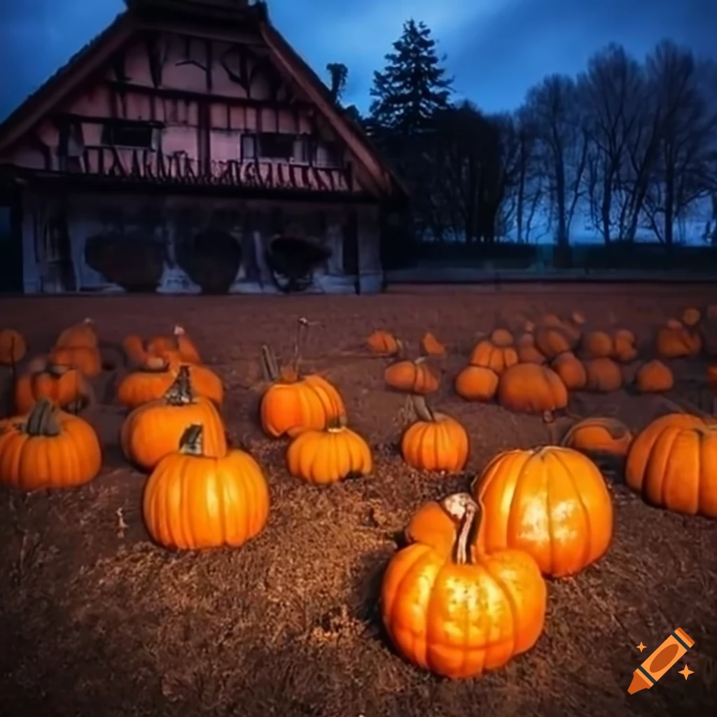 twilight view of a spooky pumpkin field