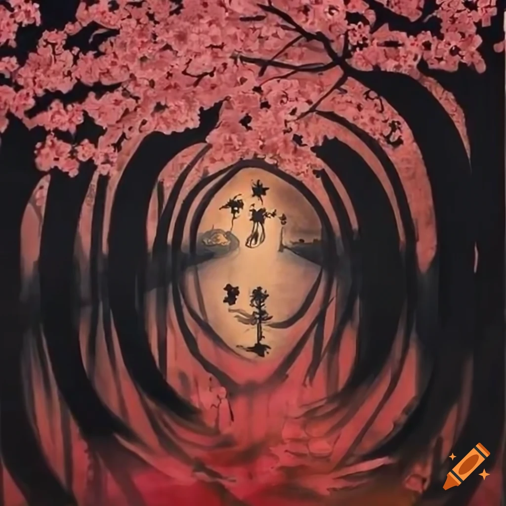Japanese painting of cherry blossoms and walking figures on Craiyon