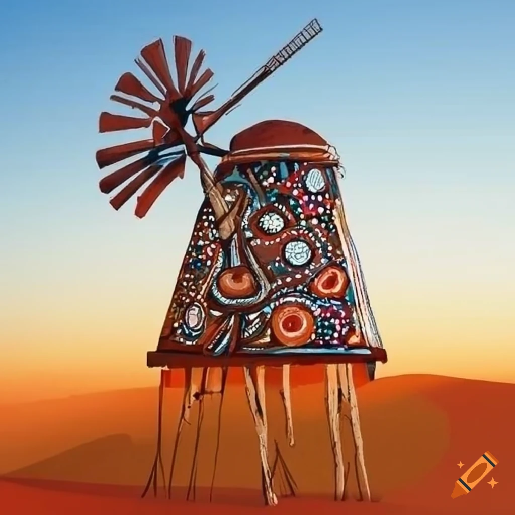 windmill depicted in Indigenous Australian art style