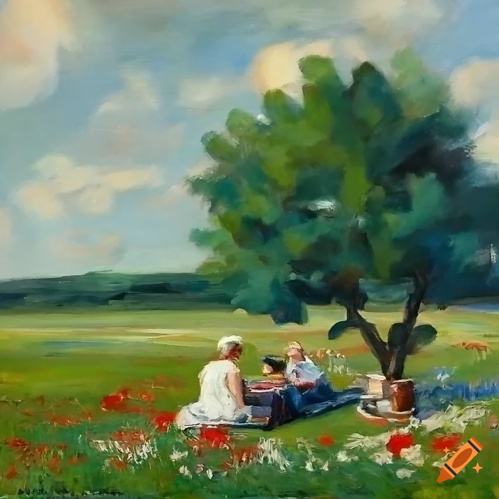 Oil painting of colorful flowers and a picnic under a tree on Craiyon