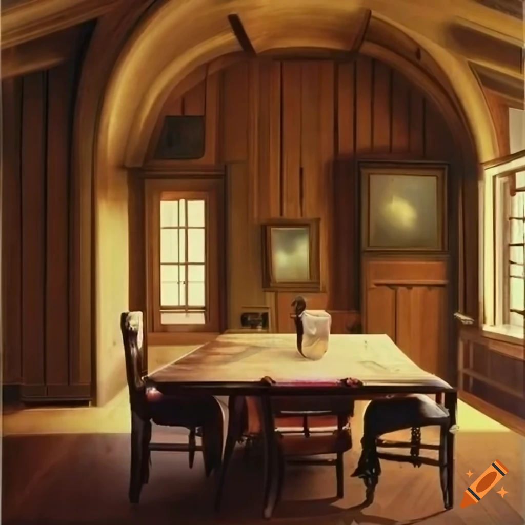 Elegant dining area with high ceilings and parquet floors on Craiyon