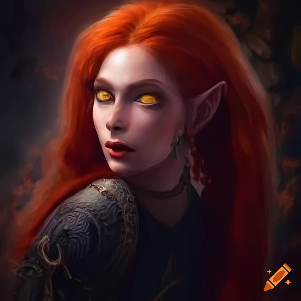 Artistic Depiction Of A Mysterious Red Haired Woman With Elven And Giant Features