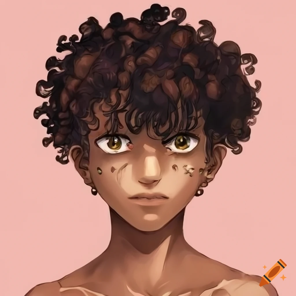 anime-style character with dark brown skin and curly hair