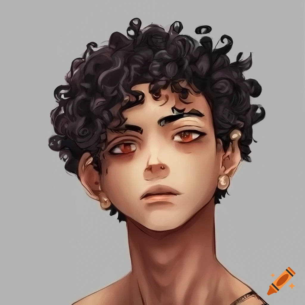 illustration of a male anime character with dark brown skin and curly hair