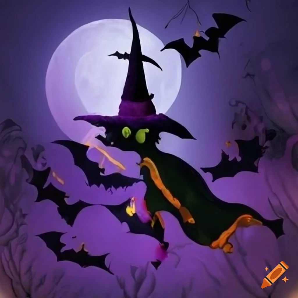 Halloween pumpkins, witches, bats, and a moon