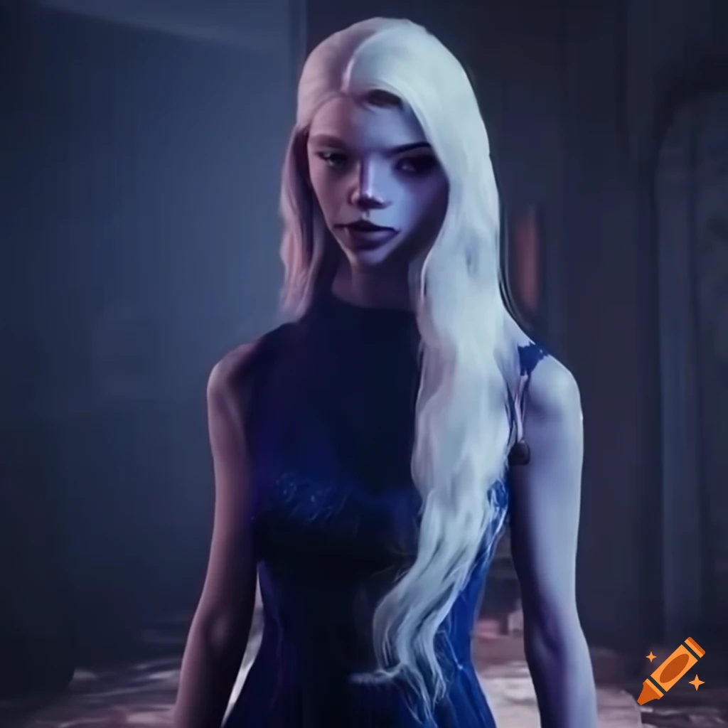 Anya Taylor Joy As A Dark Skinned Alien Drow Girl With Purple Eyes And White Hair 