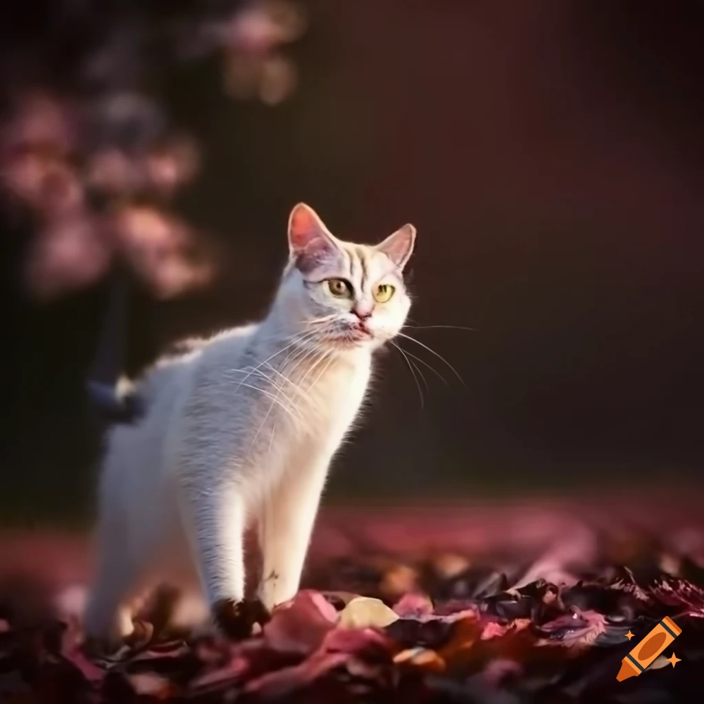 white cat with black spots in a cherry blossom forest at twilight