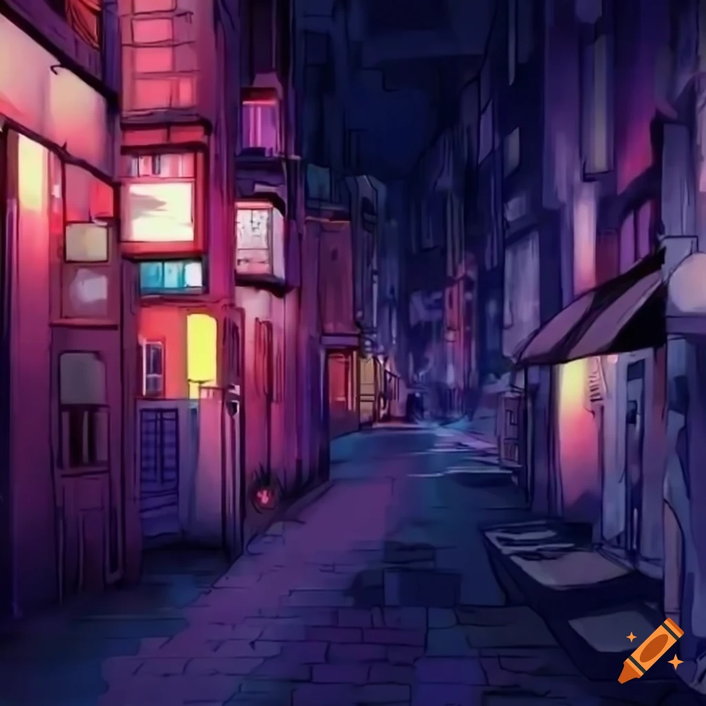 Anime style Street In Tokyo With Purple Colors