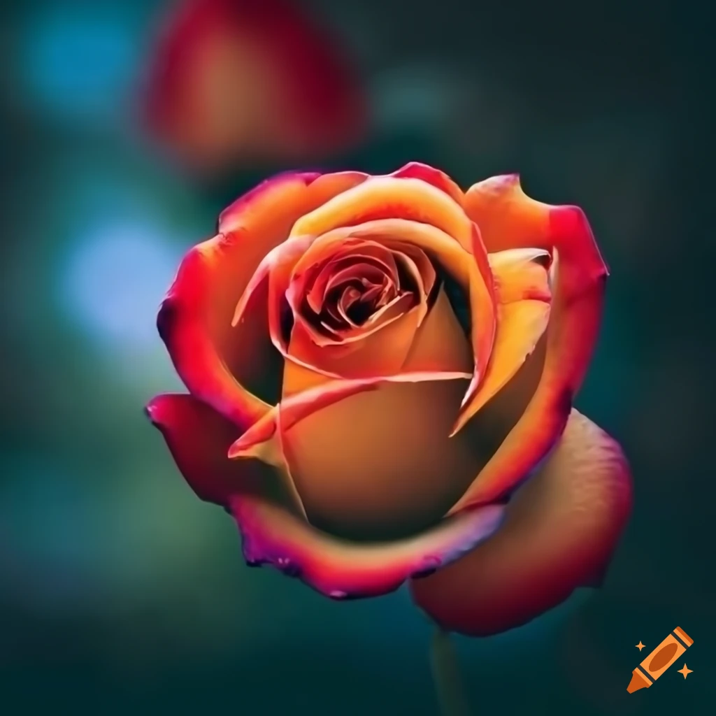vibrantly colored rose with misty garden backdrop
