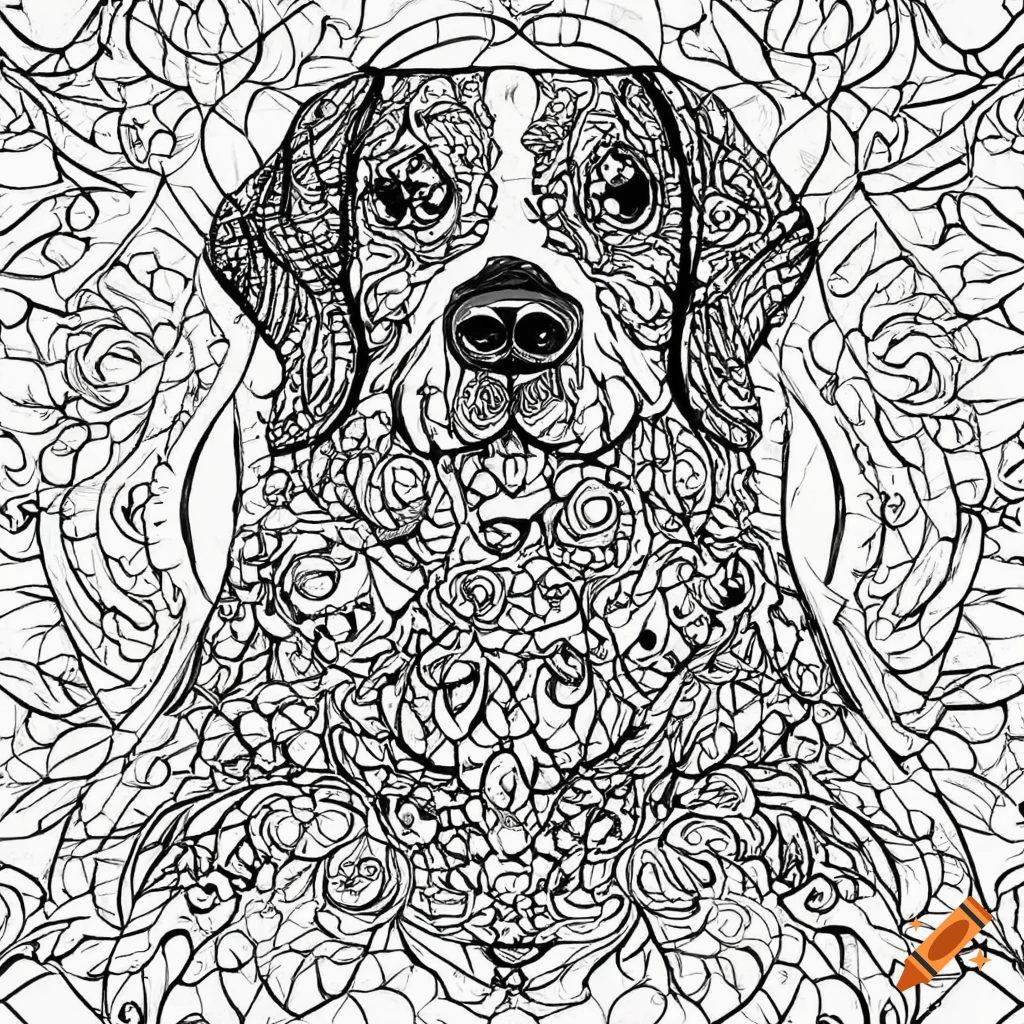 Adult coloring page of a dog on a geometric background on Craiyon