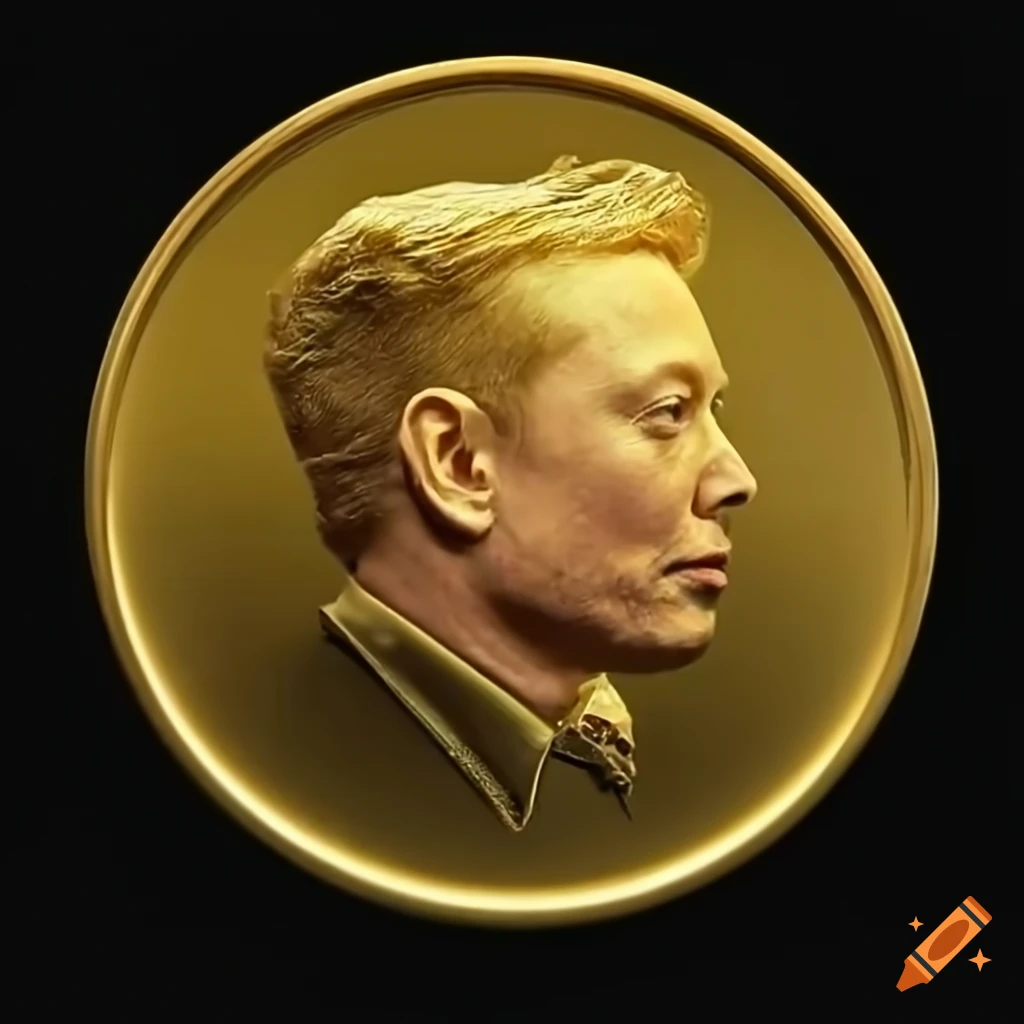 Elon Musk as a gold token on black background