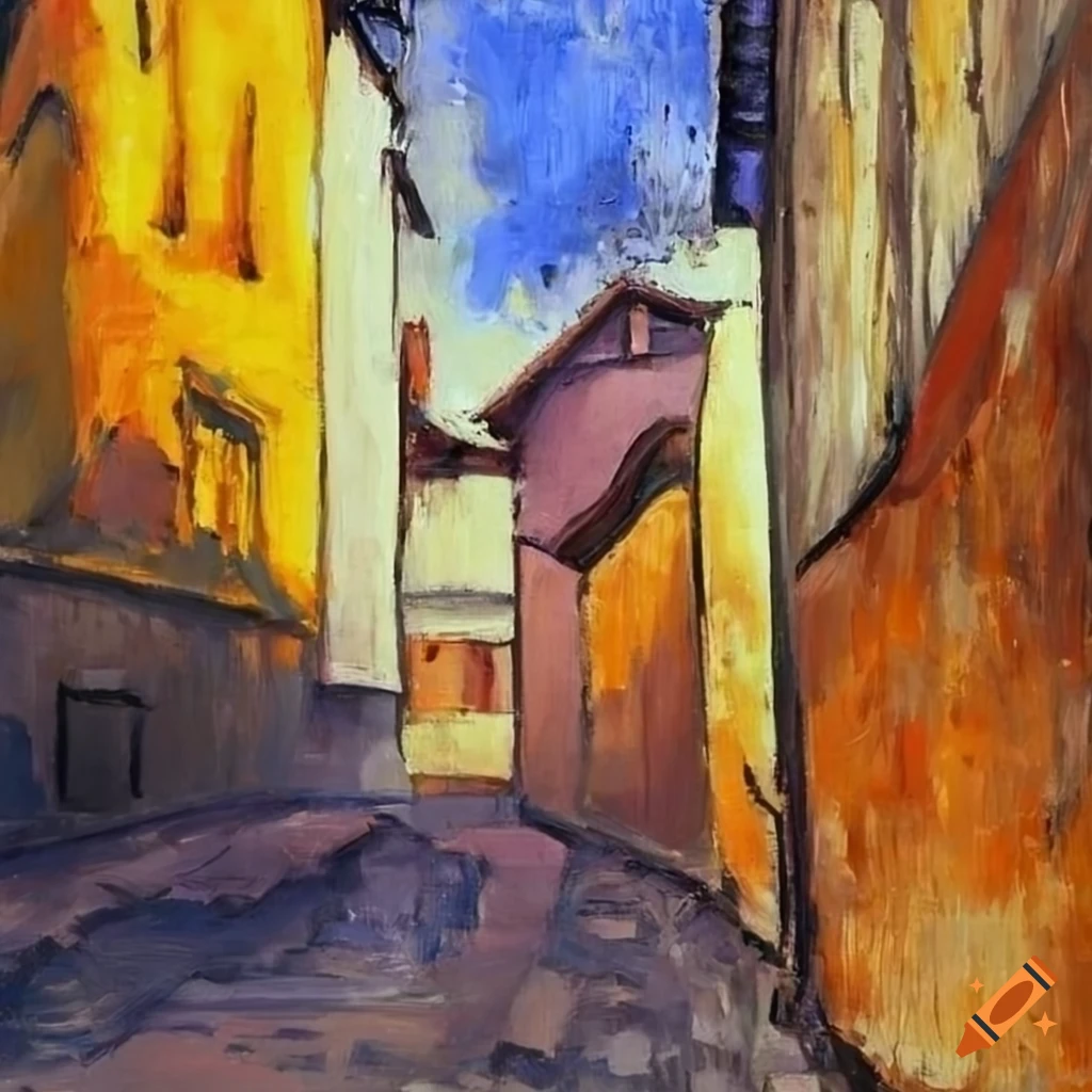 Modigliani's painting of an old Bosnian street with shades of grey, pink, blue, and yellow