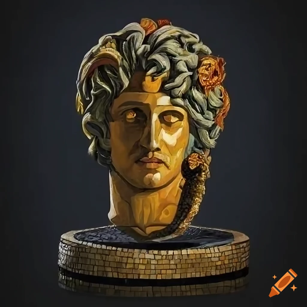 detailed photorealistic mosaic art of Alexander the Great in caravanserai