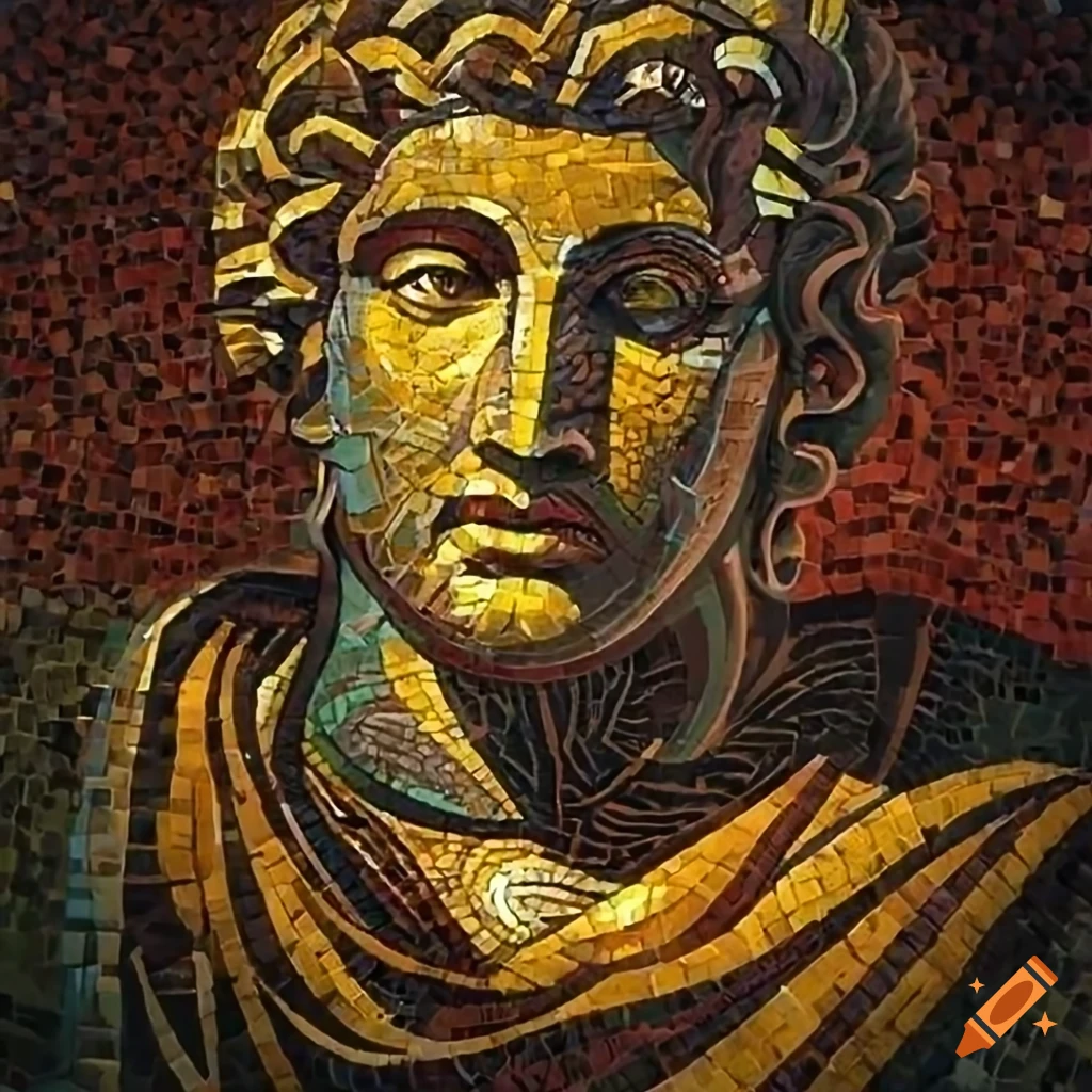 Detailed photorealistic mosaic art of alexander the great in