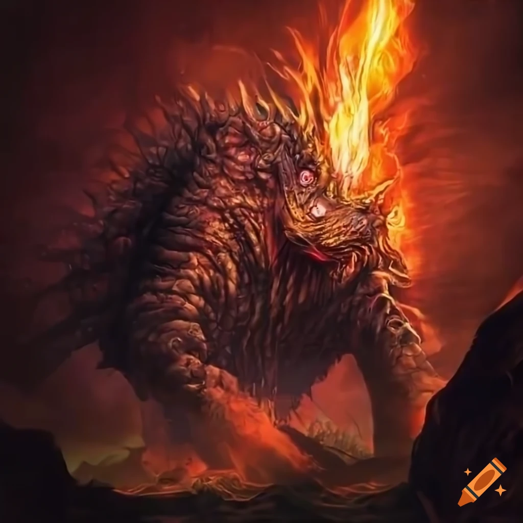 illustration of a monster emerging from flames