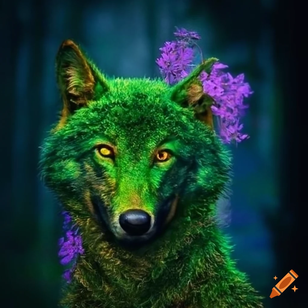 The moss-covered green wolf with purple flowers on its back on Craiyon