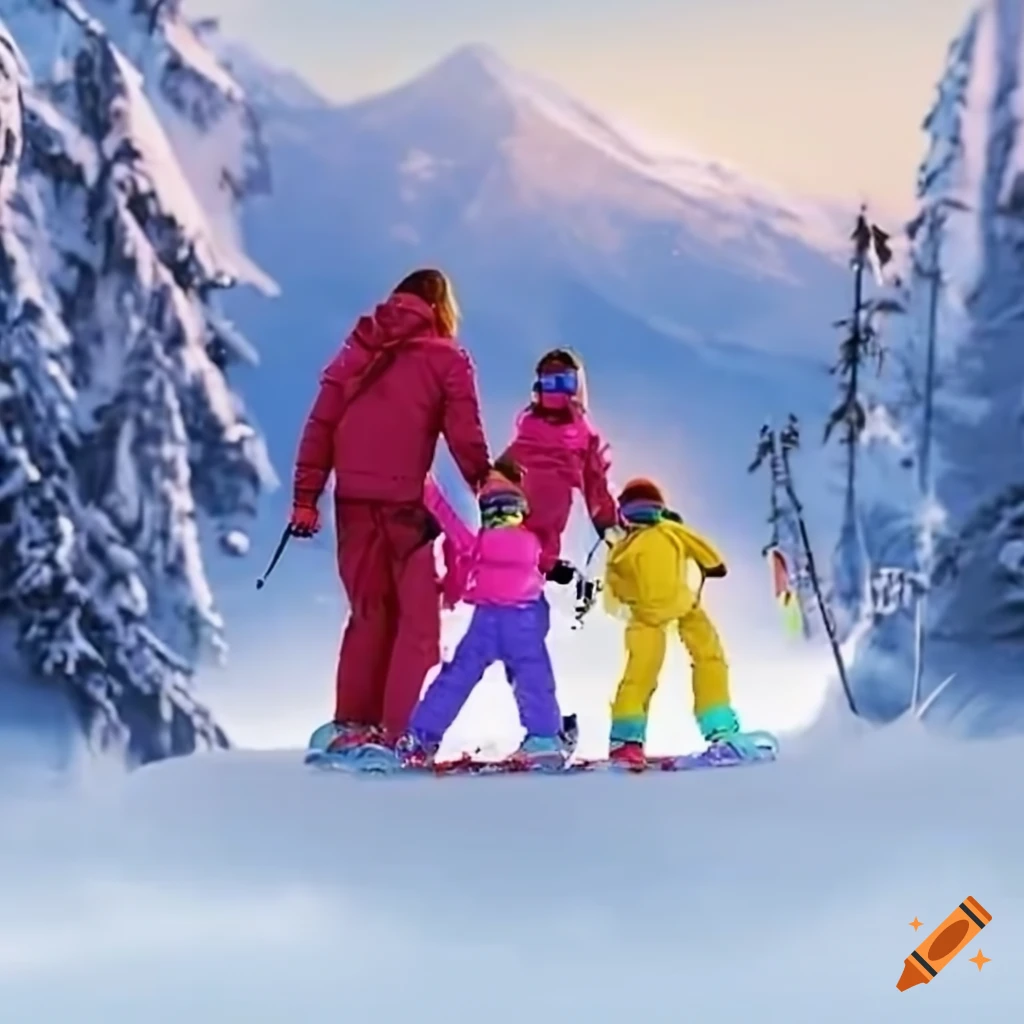family enjoying skiing in the snow