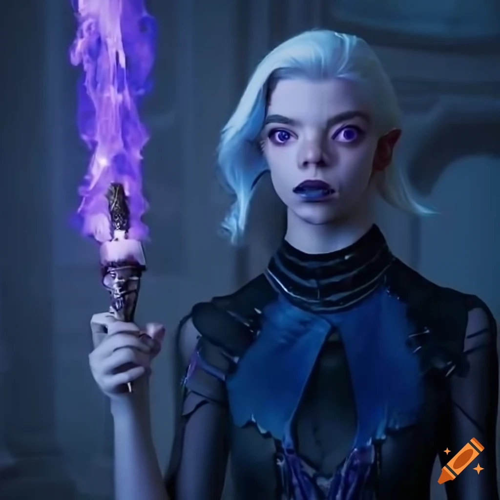 Anya taylor-joy as alien drow girl with dark blue dress and iron wand ...