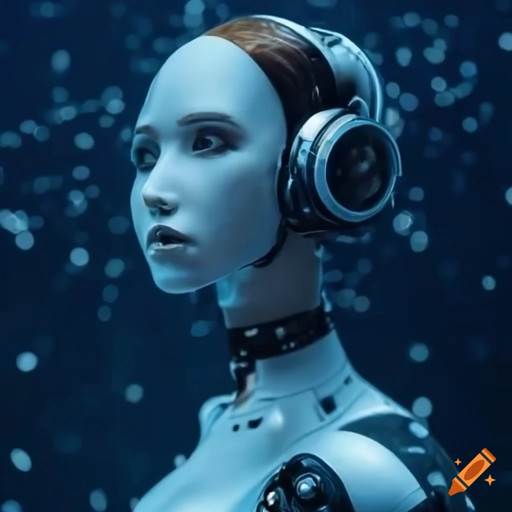 female robot wearing underwater headphones