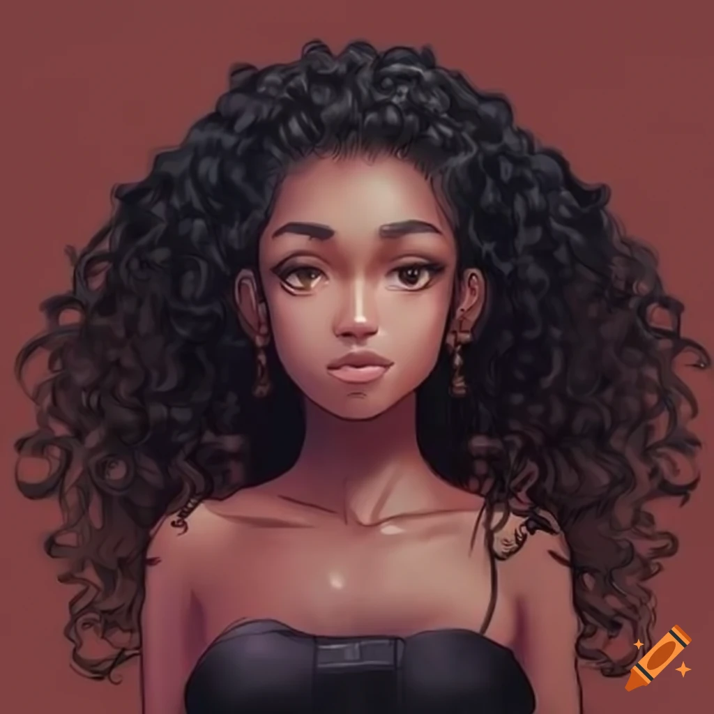 anime-inspired female character with dark brown skin and curly hair