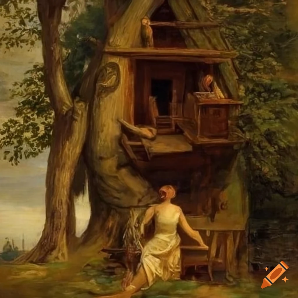 realism painting of an epic treehouse by Albert Edelfelt
