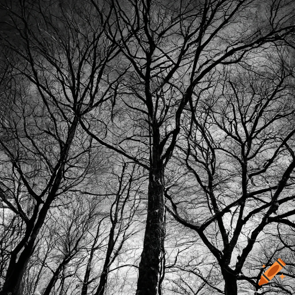 black and white photo of winter trees