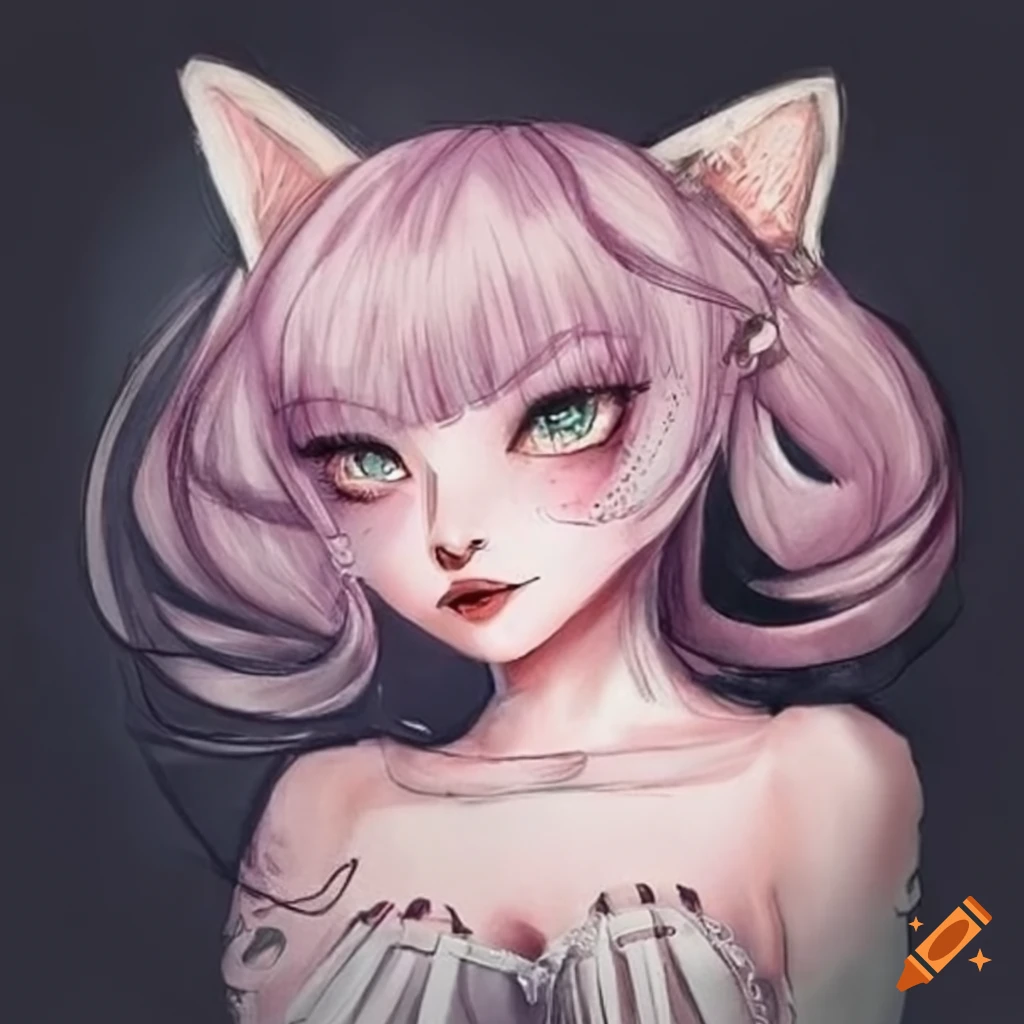 Drawn Kawaii Girl with Purple Pink Hair and Cat Ears · Creative