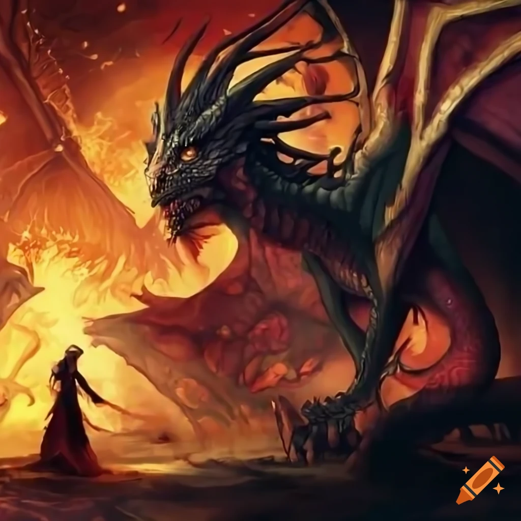 detailed illustration of a dragon fight