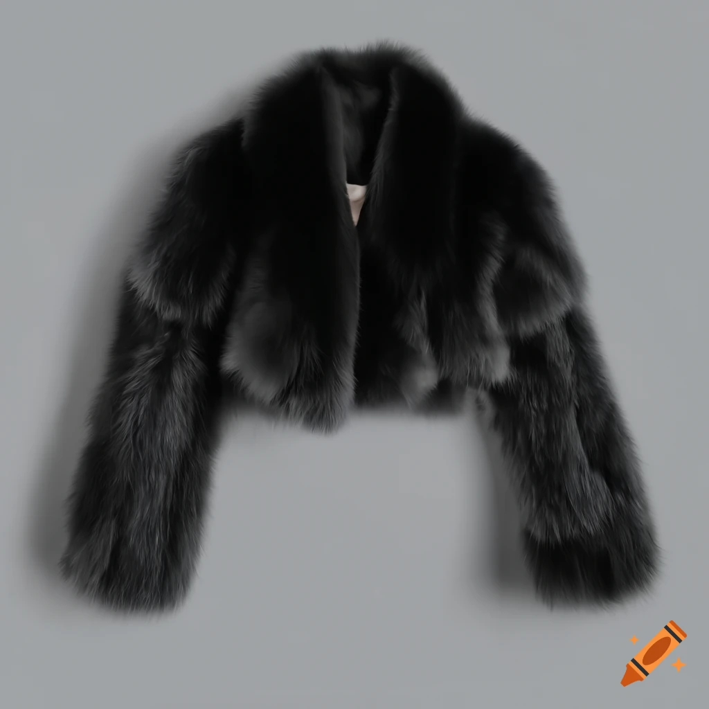 Black cropped fur coat on white background