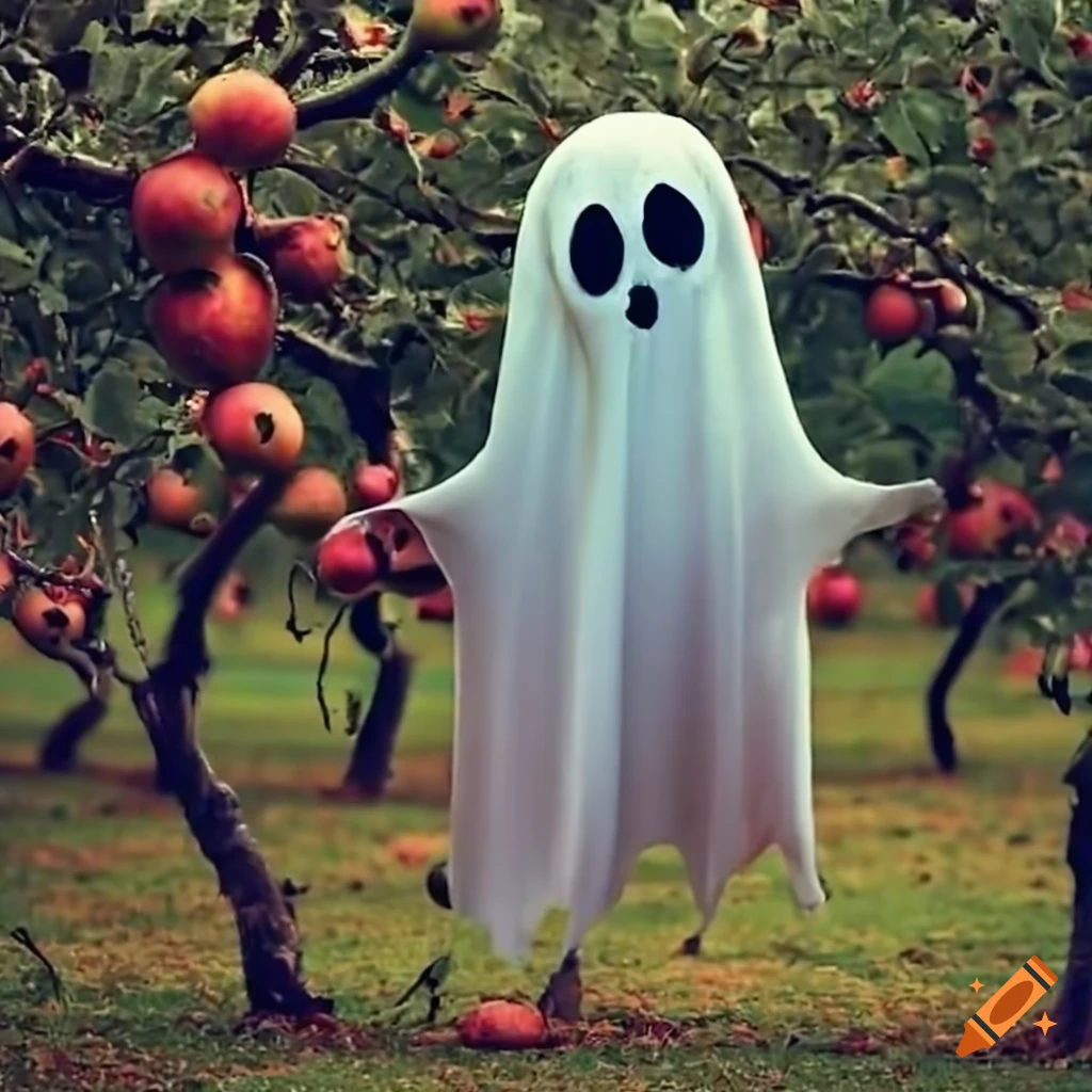image of a ghost picking apples in an orchard