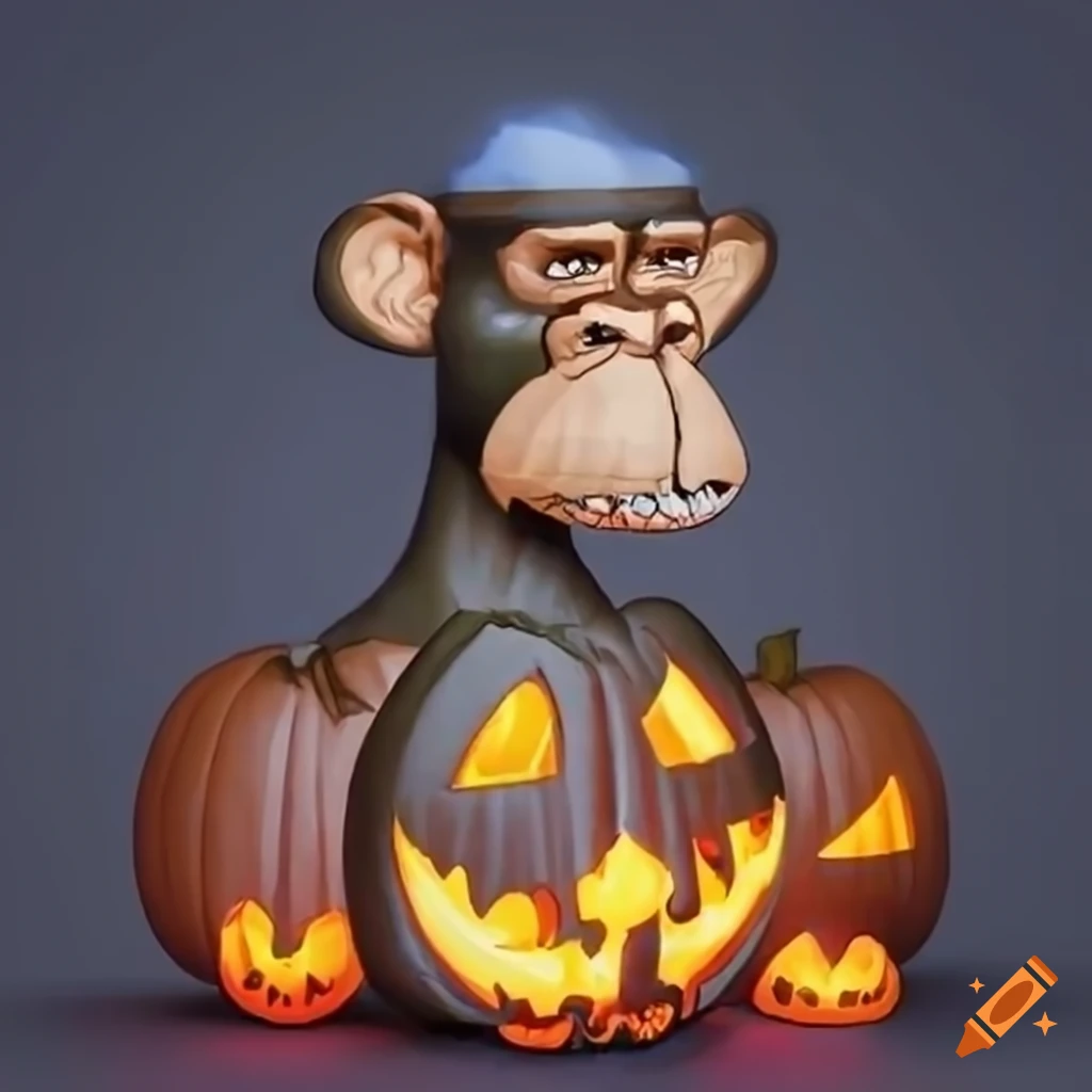 digital art of a bored ape with a jack-o-lantern