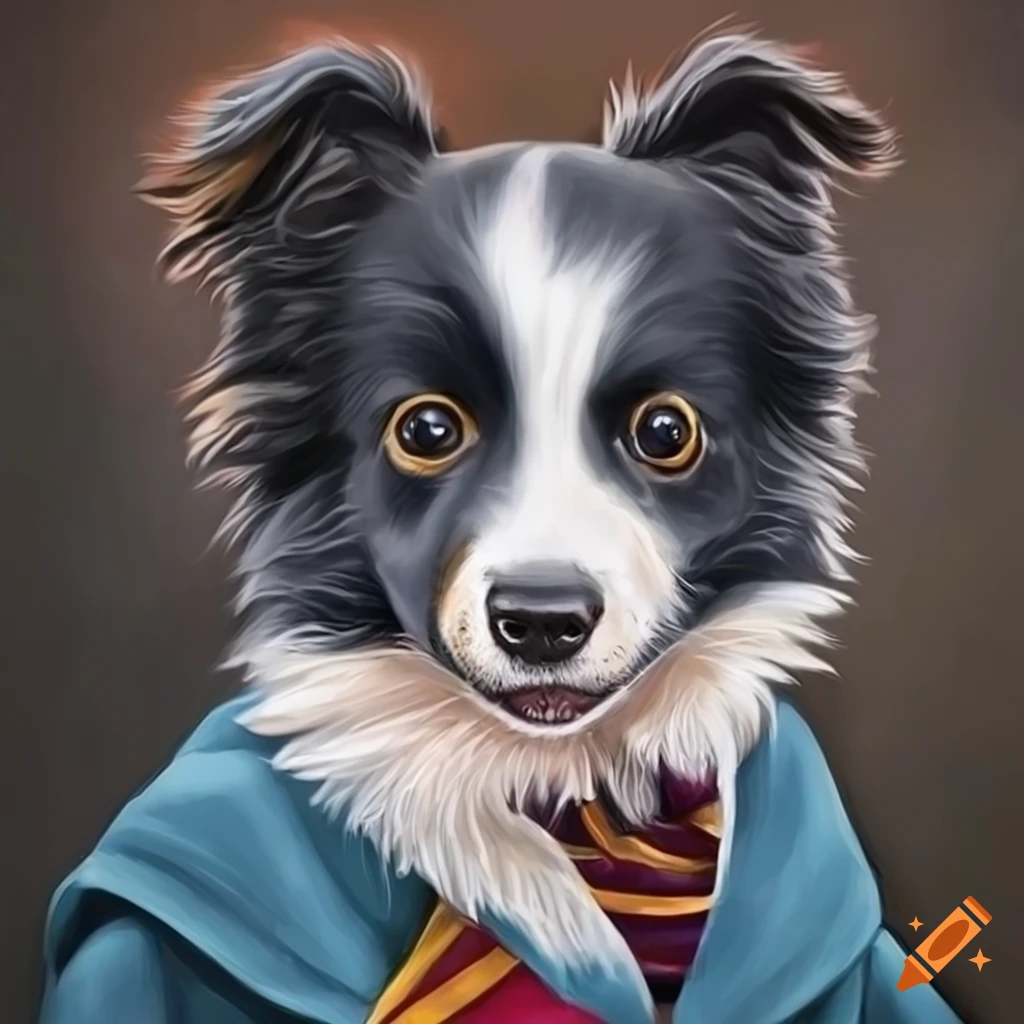 hyper realistic drawing of a baby border collie in Hogwarts uniform