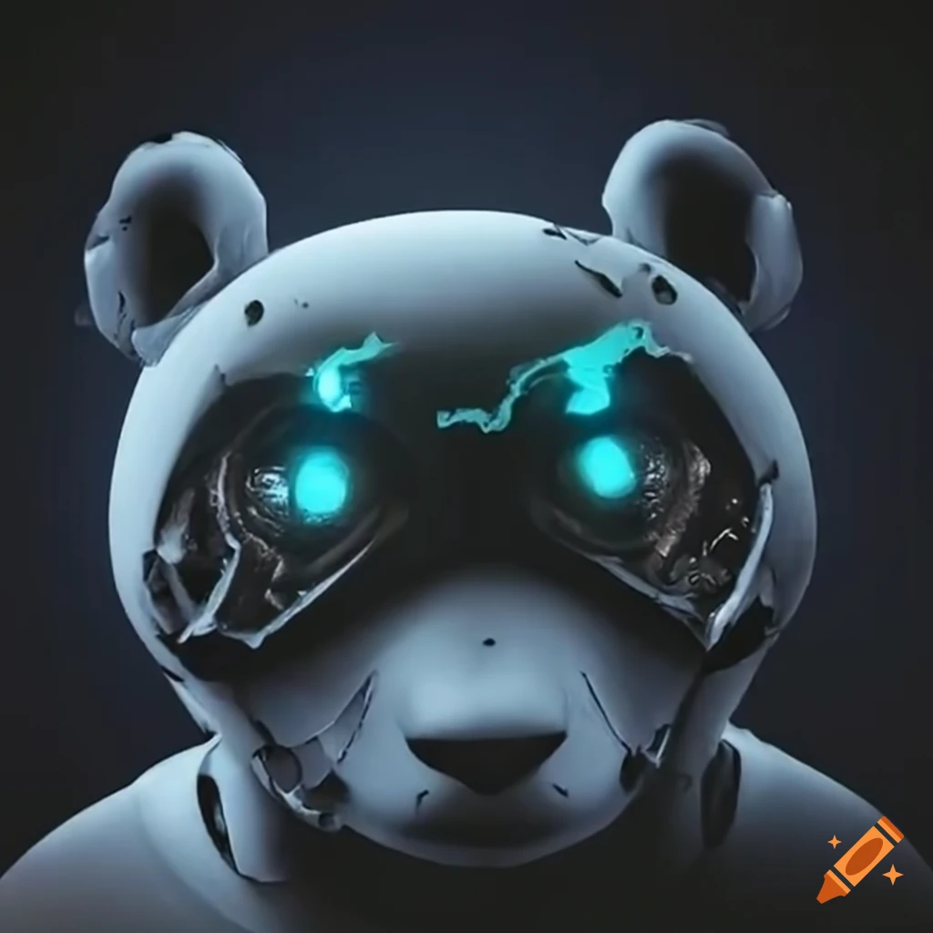 cyberpunk robotic panda with damaged face